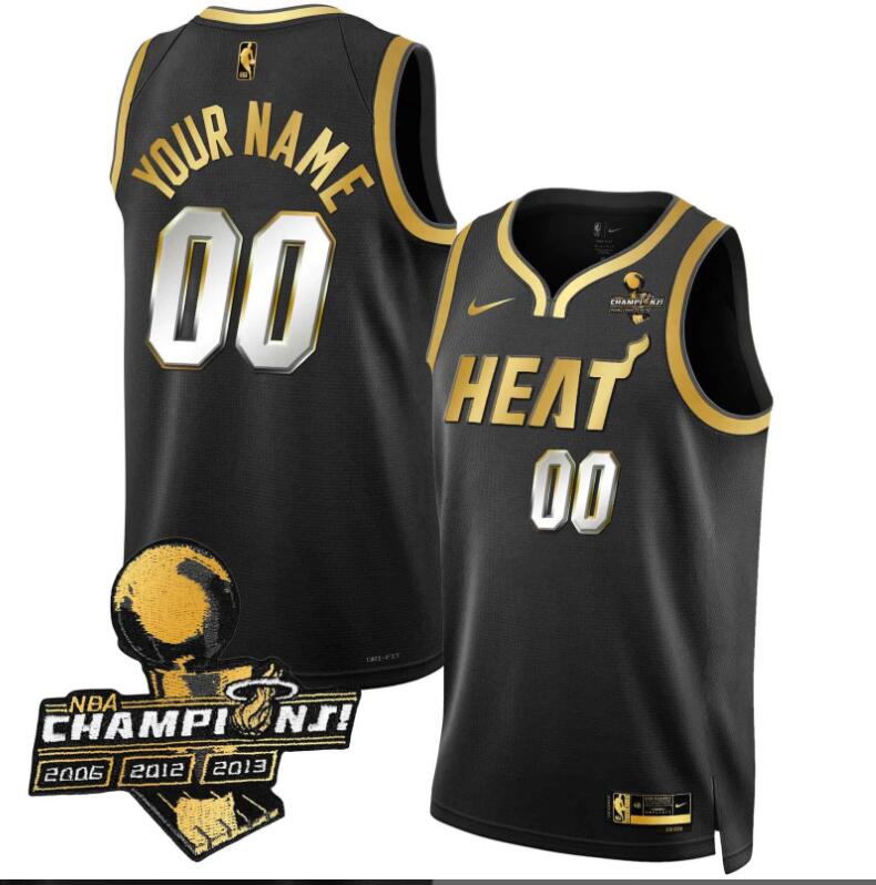 Men Miami Heat 3 Time Champions Patch Collection Custom black NBA Jersey